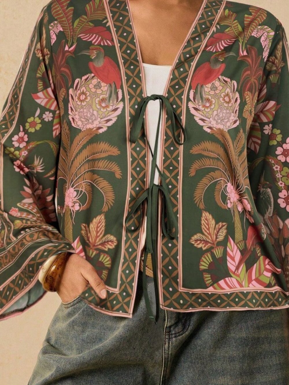 Dark Green Boho Women's Plus Size Vacation Plant Print Front Tie Shirt - Picture 4 of 6
